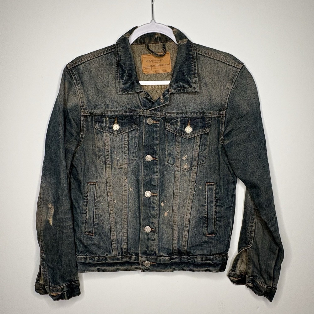 KOGOH Japanese Denim Trucker Jacket Heavy Wash Streetwear Distressed Grunge XS - Picture 1 of 5